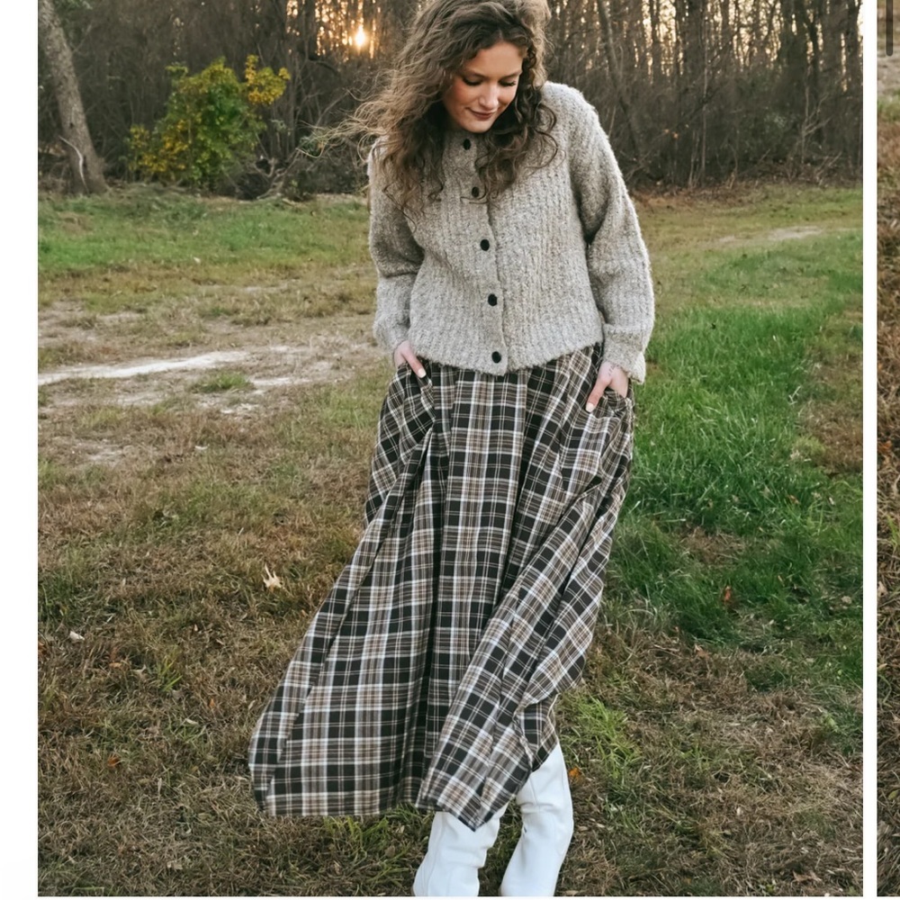 Plaid Maxi Skirt in Brown and Cream - Women's Skirt - Picture 1 of 7